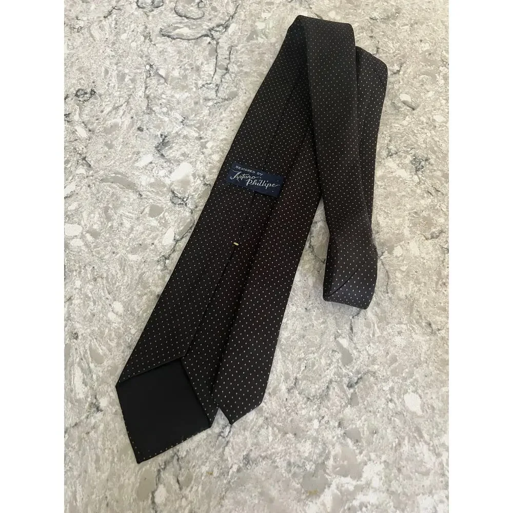 Arturo Phillipe Men's 100% Imported Silk Neck Tie Black w Brown Polka Dots JL